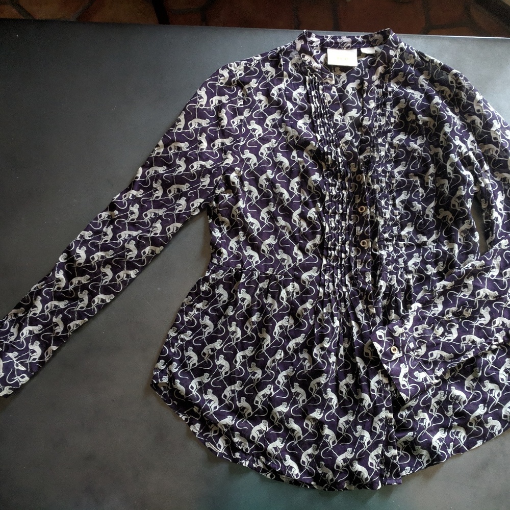 Long Sleeve Monkey Print button down peplum shirt